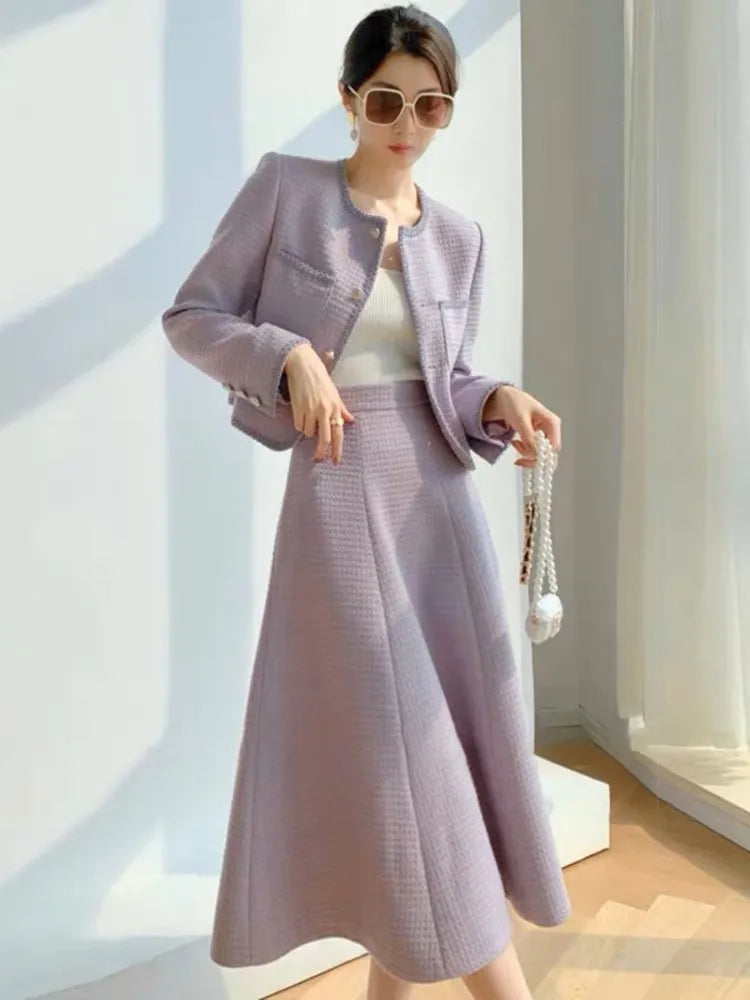 High Quality Small Fragrance Tweed Two Piece Set Women Short Jacket Coat + Long Skirt Suits Korean Fashion Sweet 2 Piece Sets Hoodie Zip-Up Jacket Button-Up Jacket