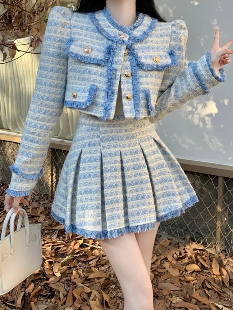Getadme High Quality Tassel Small Fragrance Tweed 2 Piece Set Women Short Jacket Coat + Skirt Sets Korean Fashion Sweet Two Piece Suits Denim Fabric Leather Fabric Suede Fabric
