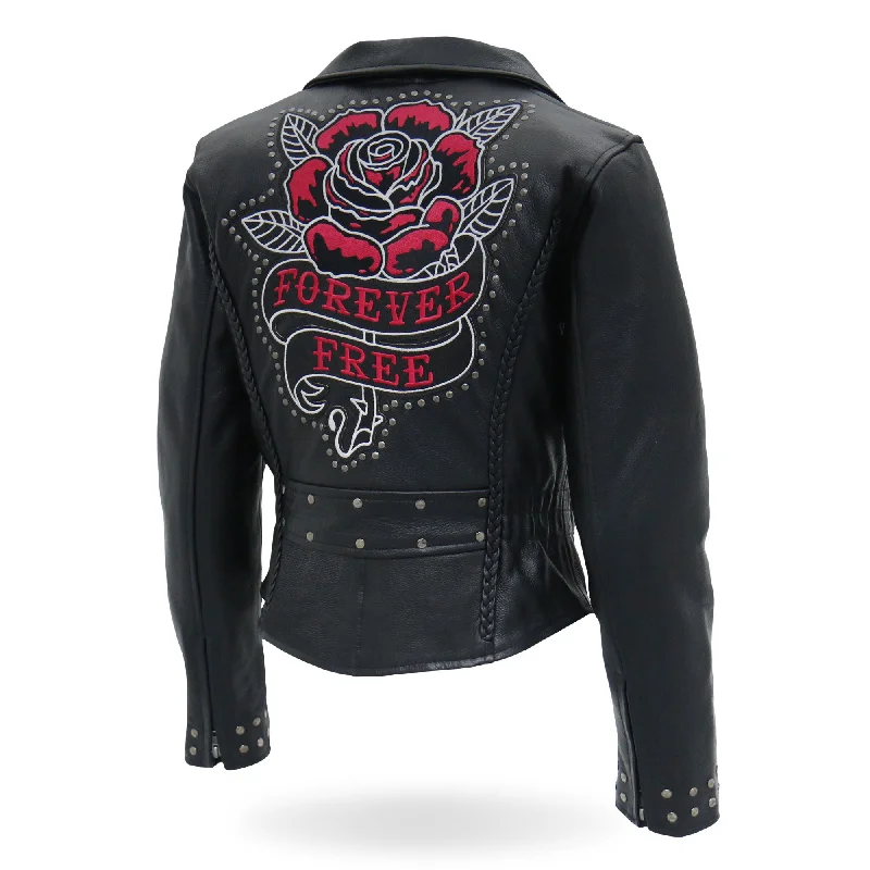 Hot Leathers JKL2001 Ladies Black Braided Motorcycle Leather Biker Jacket with Embroidered Bling Rose Design Boat Neck Shawl Collar Notched Collar Hot Leathers JKL2001 Ladies Black Braided Motorcycle Leather Biker Jacket with Embroidered Bling Rose Design Boat Neck Shawl Collar Notched Collar
