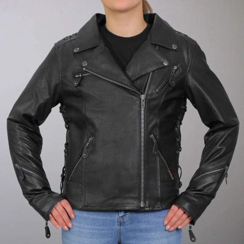 Hot Leathers JKL1027 Ladies Black Lace Detail Carry Conceal Leather Motorcycle Biker Jacket Fitted Jacket Loose Jacket Oversized Jacket