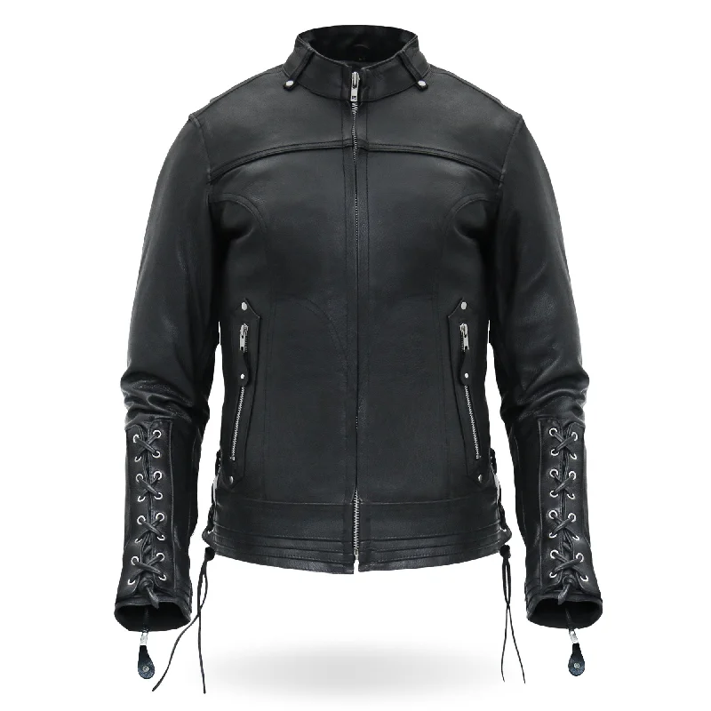 Hot Leathers JKL1025 Ladies Motorcycle style Lace Up Sleeves Leather Biker Jacket Zip Front Button Front Snap Front