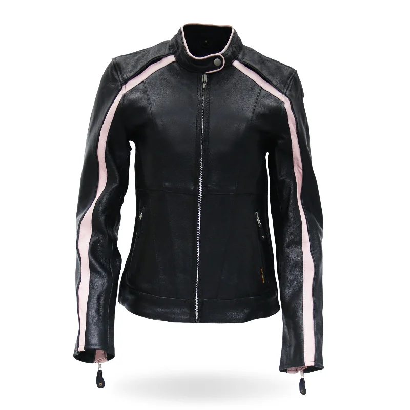 Hot Leathers JKL1022 Pink Striped Motorcycle Leather Biker Jacket with Reflective Piping Elasticated Jacket Padded Jacket Insulated Jacket Hot Leathers JKL1022 Pink Striped Motorcycle Leather Biker Jacket with Reflective Piping Elasticated Jacket Padded Jacket Insulated Jacket