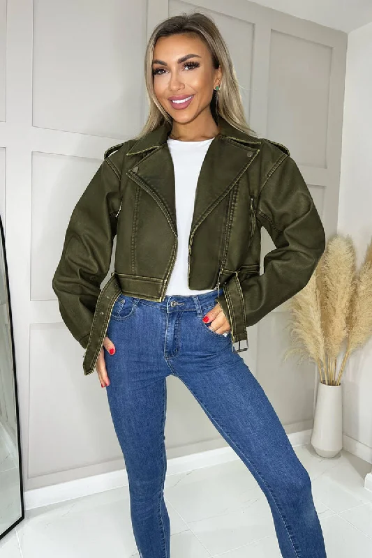 Khaki Faux Leather Cropped Jacket Boat Neck Shawl Collar Notched Collar