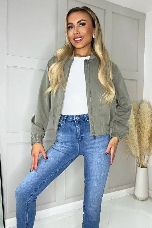 Khaki Lightweight Cotton Bomber Jacket Cardigan Sweater Pullover