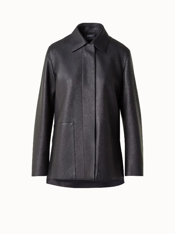 Long Leather Jacket with Cervo Structure Jersey Jacket Tulle Jacket Batik Jacket