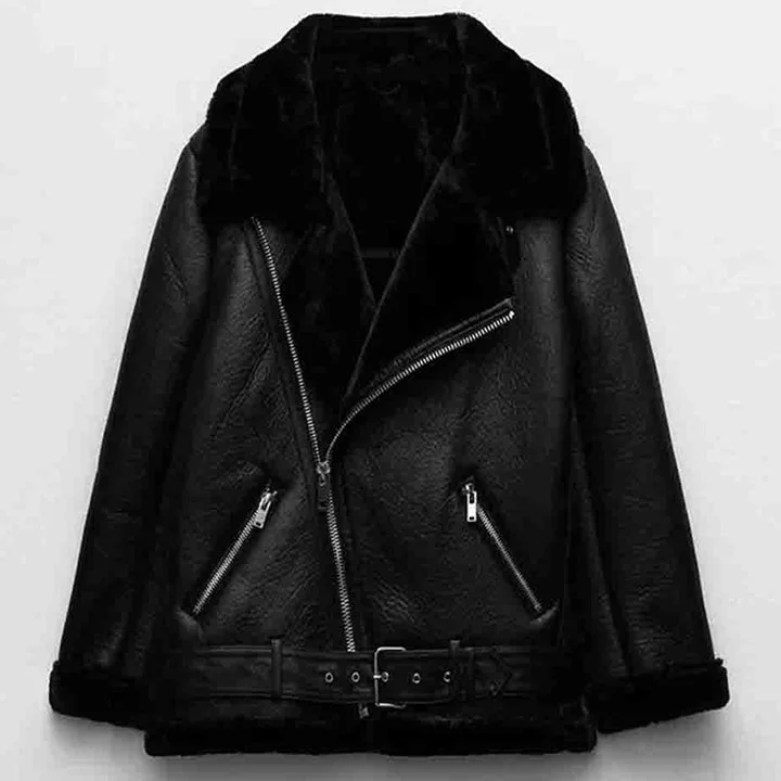 New Women's Sheepskin Leather Biker Jacket with Belt Tailored Jacket Straight Jacket A-Line Jacket