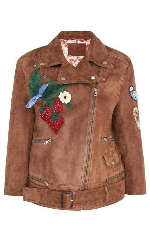 Patches Embroidered Suede Jacket Welt Pockets Slit Pockets Flap Pockets