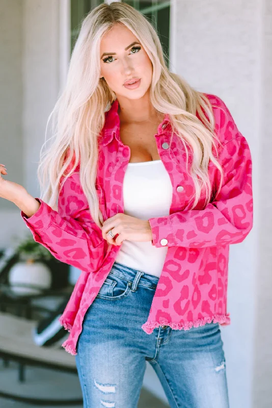 Pink Leopard Print Button Cuffs Raw Hem Jacket Faux Fur Fabric Real Fur Fabric Shearling Fabric