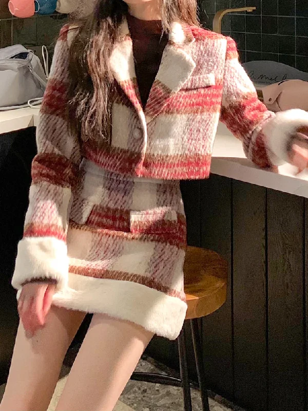 Plaid Blazers Suits Women 2 Piece Dress Set Korean Fashion Clothing Y2k Crop Tops + Mini Skirts Elegant Jacket Coats 2023 Spring Wool Jacket Cashmere Jacket Tweed Jacket