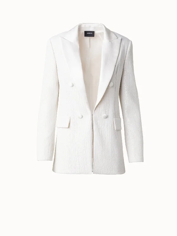 Sequined Tuxedo Jacket with Satin Lapel Front Pockets Side Pockets Patch Pockets