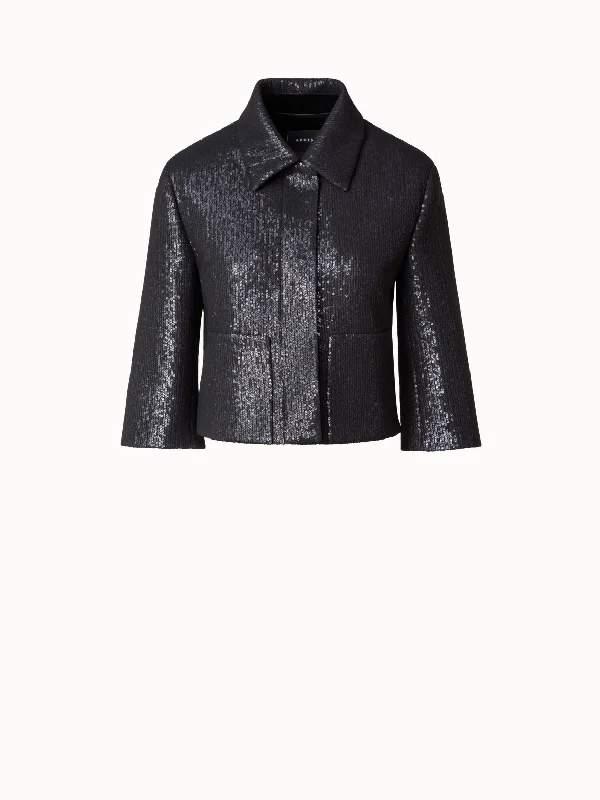 Short Boxy Silk Sequin Jacket Zippered Jacket Buttoned Jacket Snapped Jacket