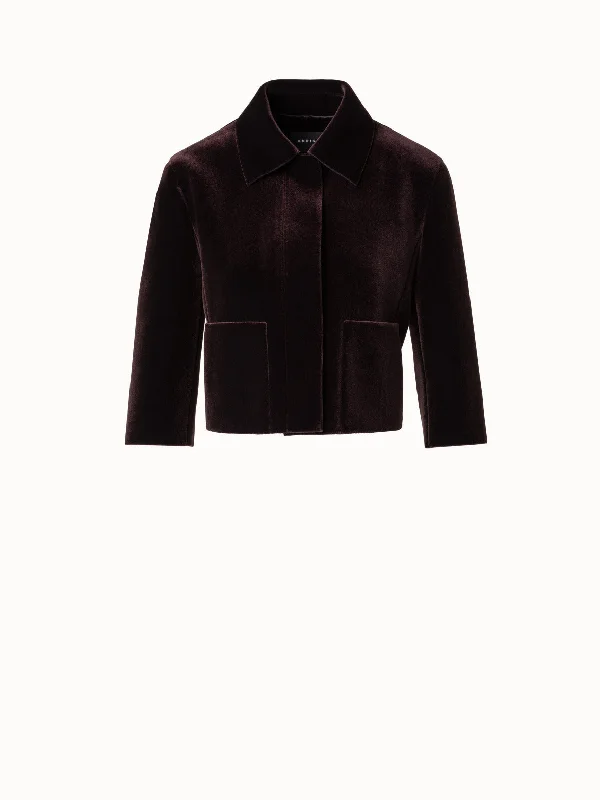 Short Jacket in Velvet Neoprene with Gold Buttons Front Pockets Side Pockets Patch Pockets