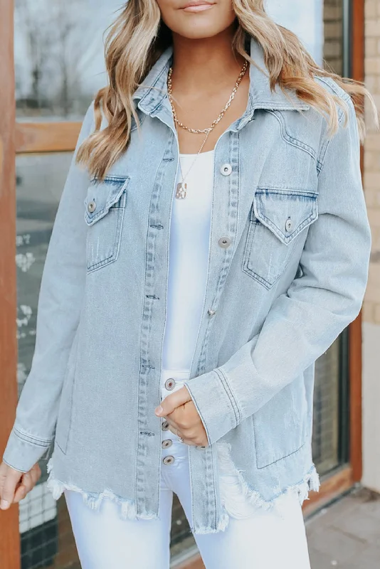 Sky Blue Flap Pocket Buttoned Raw Hem Denim Jacket Nylon Jacket Polyester Jacket Spandex Jacket