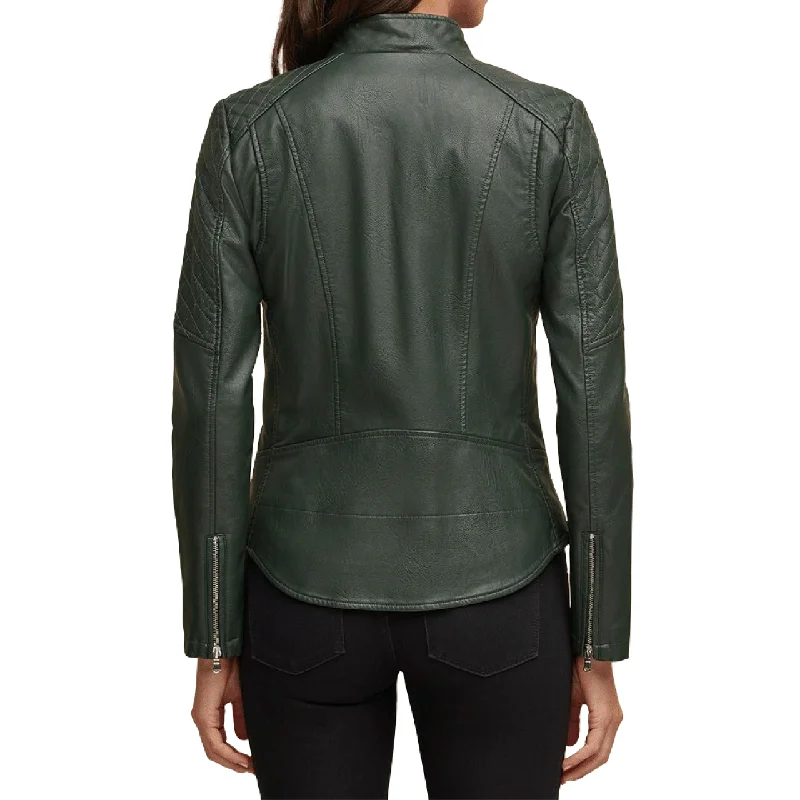 Slim and Smart Quilted Green Color Zipper Pocket Sheepskin Leather Jacket Women Oversized Jacket Tailored Jacket Straight Jacket Slim and Smart Quilted Green Color Zipper Pocket Sheepskin Leather Jacket Women Oversized Jacket Tailored Jacket Straight Jacket