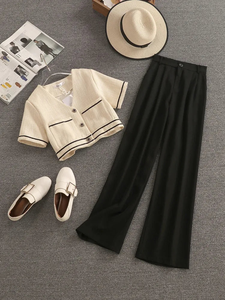 Streetwear Fashion Summer Two Piece Set Women Crop Top Shirt Blouse + Wide Leg Pant Suits Vintage Jacket Coat Pants 2 Piece Set Wool Jacket Cashmere Jacket Tweed Jacket