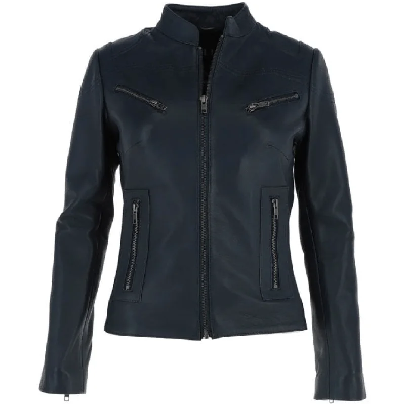 Stylish Black Biker Sheepskin Leather Jacket Women Bomber Jacket Anorak Windbreaker