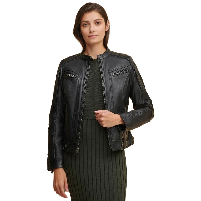 Stylish Black Buckle Strap Biker Sheepskin Leather Jacket Women Front Pockets Side Pockets Patch Pockets Stylish Black Buckle Strap Biker Sheepskin Leather Jacket Women Front Pockets Side Pockets Patch Pockets