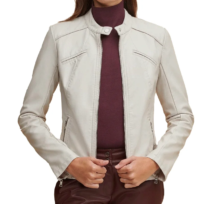 Stylish Cream Color Zipper Cuff and Pockets Sheepskin Leather Jacket Women Satin Jacket Silk Jacket Chiffon Jacket Stylish Cream Color Zipper Cuff and Pockets Sheepskin Leather Jacket Women Satin Jacket Silk Jacket Chiffon Jacket
