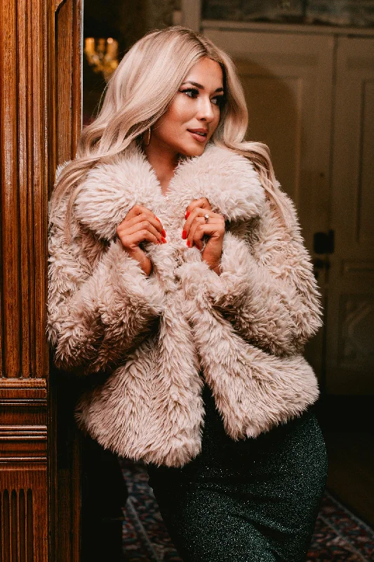 The Plush Life Faux Fur Jacket (Light Tan) One-Shoulder Jacket Off-the-Shoulder Jacket Asymmetrical Jacket The Plush Life Faux Fur Jacket (Light Tan) One-Shoulder Jacket Off-the-Shoulder Jacket Asymmetrical Jacket
