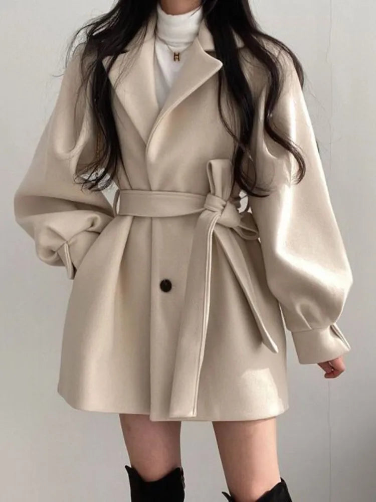 Winter Jacket Women Wool Coat MIDI Style Trench Coat for Women Turn-down Collar Lace-up Tweed Jacket Korean Fashion Office Lady Nylon Jacket Polyester Jacket Spandex Jacket