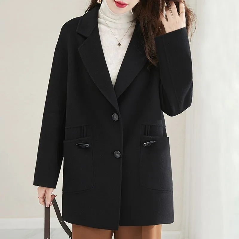 Winter Jackets 2023 Woman Thick Warm Casual Big Pocket Tweed Coat Temperament Turn-down Collar Korean Fashion Long Coat Women Wool Fabric Cashmere Fabric Tweed Fabric