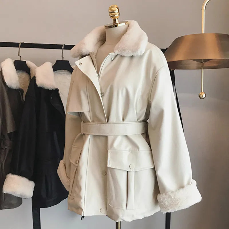 Winter Oversized Leather Jacket Women Faux Rex Rabbit Fur Inside Warm Soft Thickened Fur Lined Coat Black Leather Jackets Ribbed Jacket Pleated Jacket Ruffled Jacket Winter Oversized Leather Jacket Women Faux Rex Rabbit Fur Inside Warm Soft Thickened Fur Lined Coat Black Leather Jackets Ribbed Jacket Pleated Jacket Ruffled Jacket
