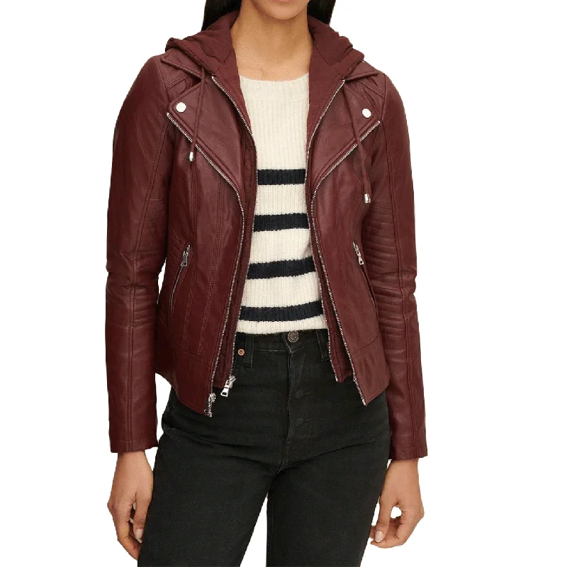 Women Red Stylish Hooded and Quilted Green Sheepskin Leather Jacket Front Pockets Side Pockets Patch Pockets Women Red Stylish Hooded and Quilted Green Sheepskin Leather Jacket Front Pockets Side Pockets Patch Pockets