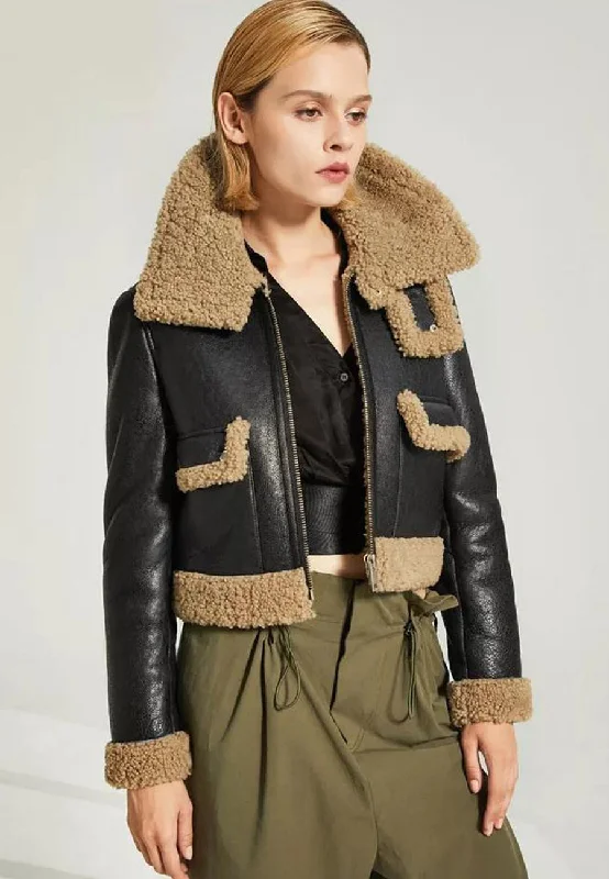 Women’s Black Leather Brown Shearling Big Collared Jacket Wool Fabric Cashmere Fabric Tweed Fabric Women’s Black Leather Brown Shearling Big Collared Jacket Wool Fabric Cashmere Fabric Tweed Fabric