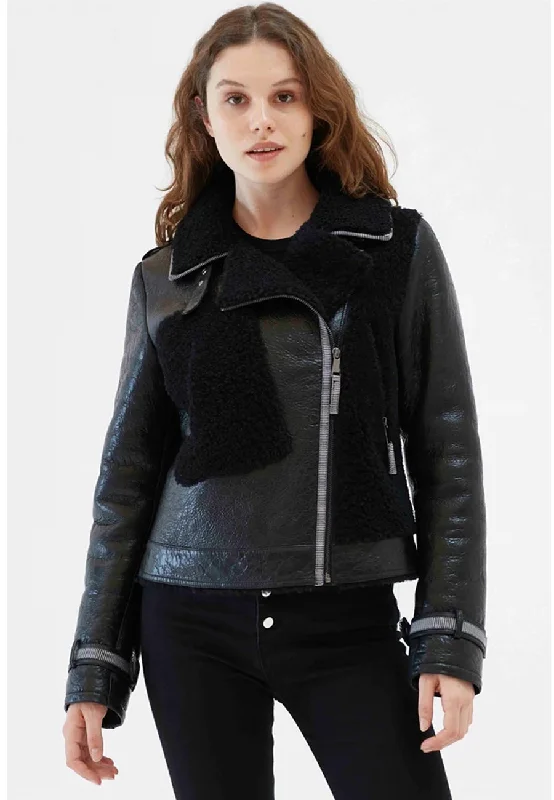Women’s Black Leather Shearling Jacket Belted Jacket Elasticated Jacket Padded Jacket