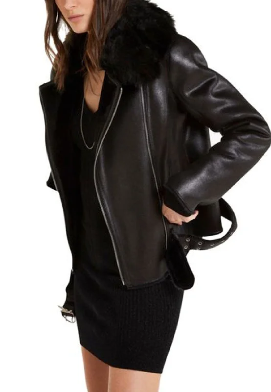 Women’s Black Leather Shearling jacket Fleece Jacket Down Jacket Parka