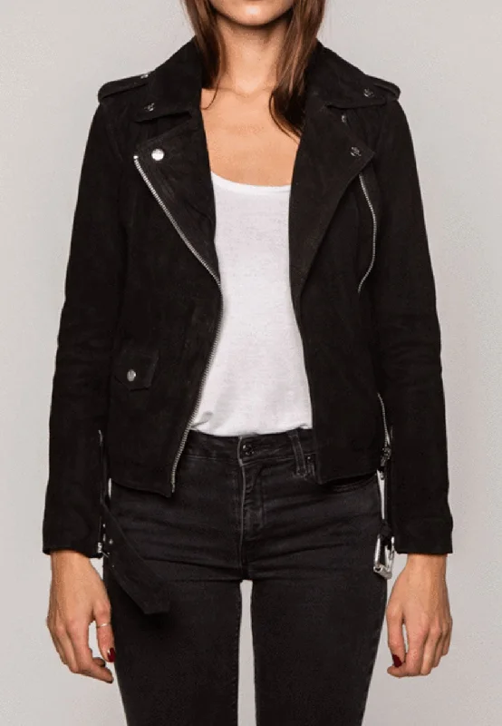 Women’s Black Suede Leather Biker Jacket Fleece Jacket Down Jacket Parka