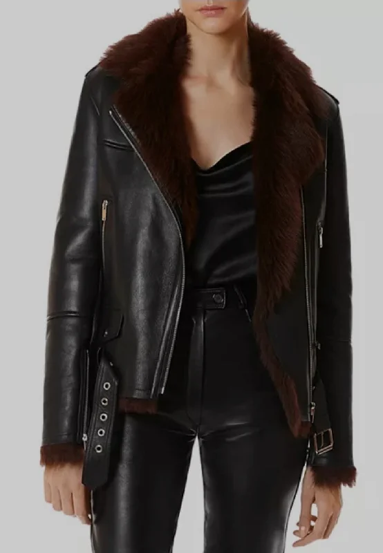 Women’s Brown Shearling Black Leather Jacket Elasticated Jacket Padded Jacket Insulated Jacket Women’s Brown Shearling Black Leather Jacket Elasticated Jacket Padded Jacket Insulated Jacket