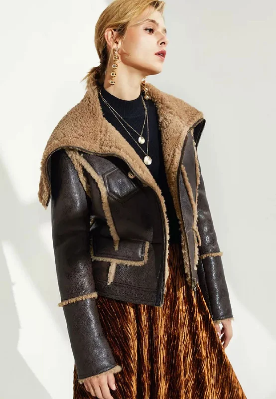 Women’s Dark Brown Leather Shearling Long Collar Jacket Herringbone Jacket Checkered Jacket Solid Jacket Women’s Dark Brown Leather Shearling Long Collar Jacket Herringbone Jacket Checkered Jacket Solid Jacket