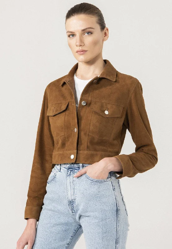 Women’s Tan Brown Suede Leather Short Trucker Jacket Striped Jacket Polka Dot Jacket Floral Jacket