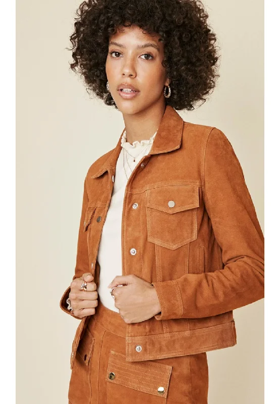Women’s Tan Brown Suede Leather Trucker Jacket Notch Collar Peter Pan Collar Cowl Neck