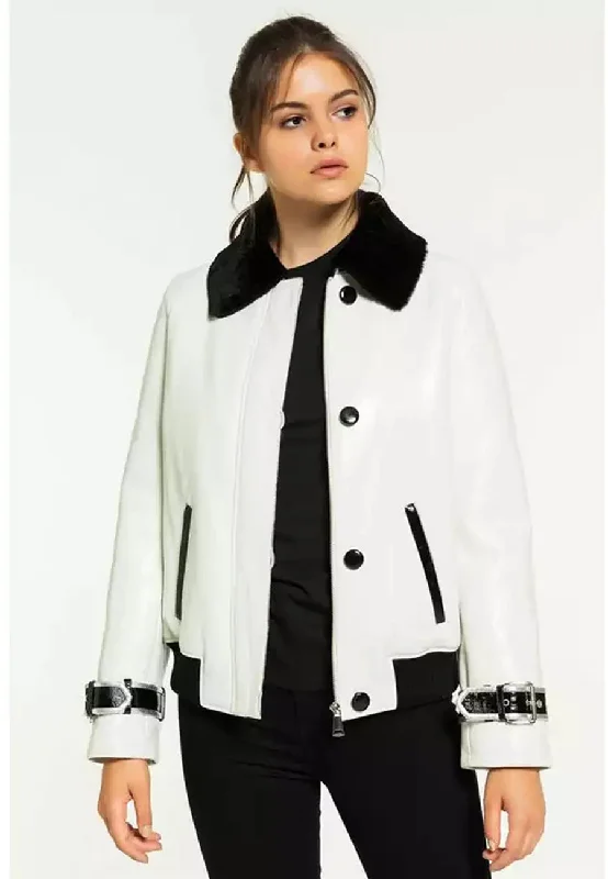 Women’s White Leather Black Collar Shearling Jacket A-Line Jacket Boat Neck Shawl Collar Women’s White Leather Black Collar Shearling Jacket A-Line Jacket Boat Neck Shawl Collar