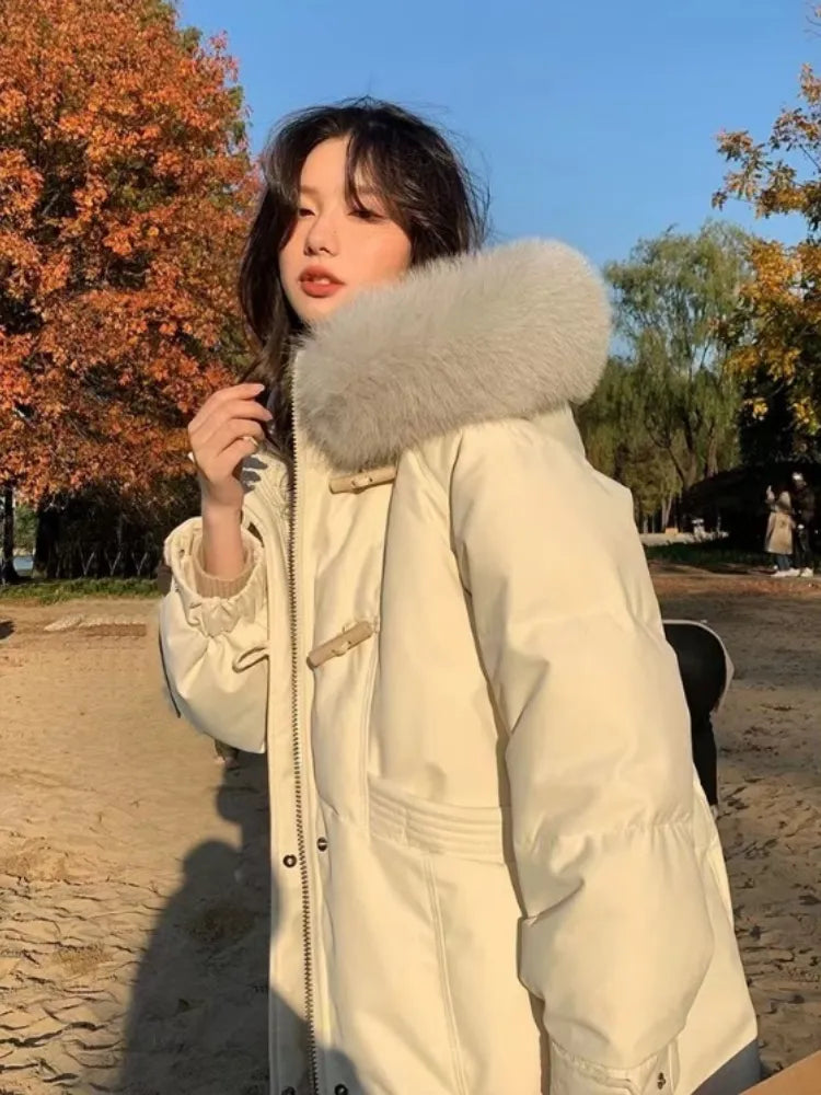 Women's Down Cotton Jackets, Fur Hooded Coats, Zipper, Horn Botton, Thicken Long Outerwear, Warm Parkas, Female Fashion, Winter Boat Neck Shawl Collar Notched Collar Women's Down Cotton Jackets, Fur Hooded Coats, Zipper, Horn Botton, Thicken Long Outerwear, Warm Parkas, Female Fashion, Winter Boat Neck Shawl Collar Notched Collar