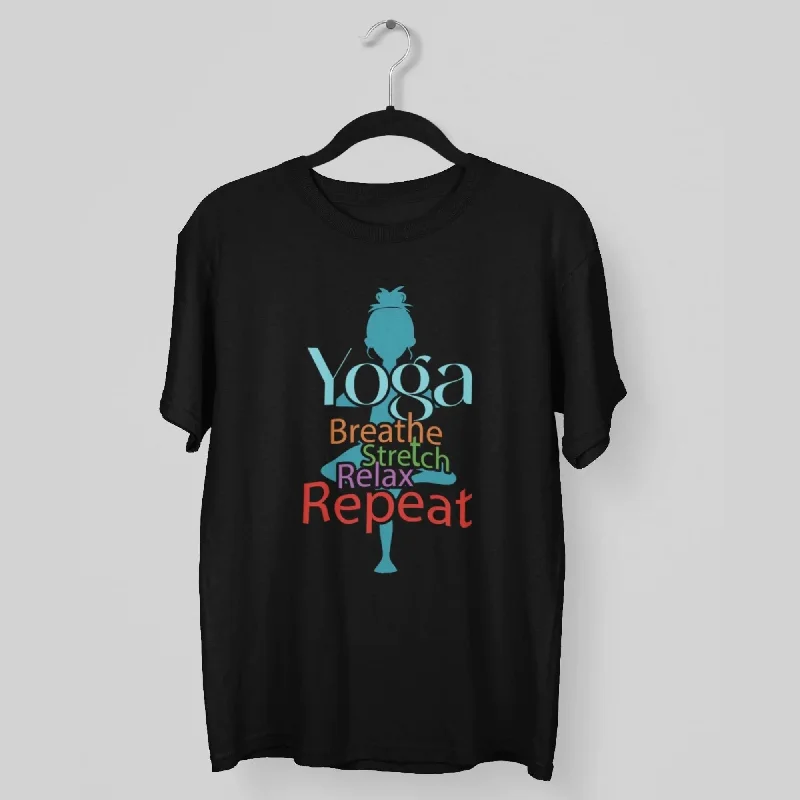 Yoga Breathe stretch Relax Repeat Round Neck Half Sleeve Classic T-Shirt Mesh Blend Leather Blend Suede Blend