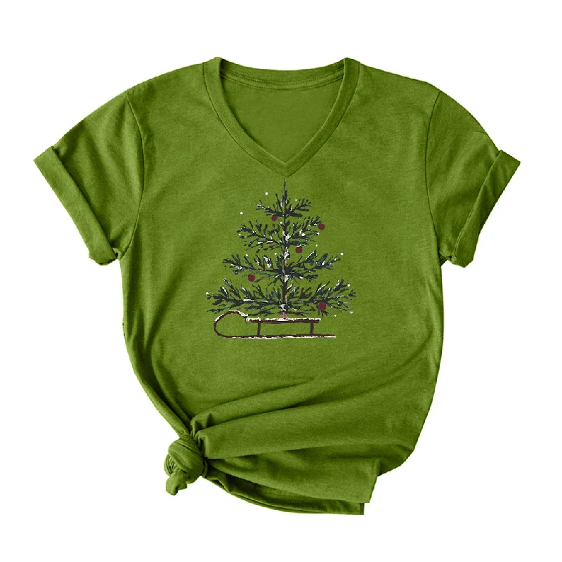 Christmas Tree V Neck T-Shirt for Women Sequined Glittery Shiny