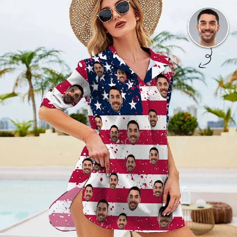 Custom Face Flag Horizontal Stripes Chiffon Shirt Dress Cover Up Thin Personalized Women's V-Neck Bikini Beach Tunic Top Wool Fabric Cashmere Fabric Tweed Fabric