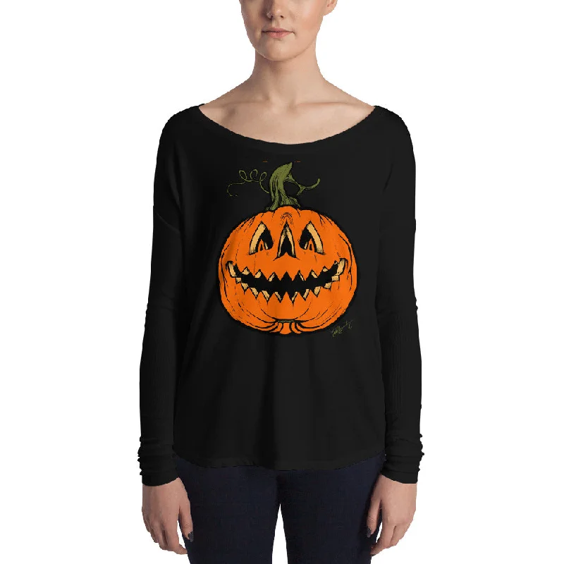 Grim Grinning Gourd Ladies' Long Sleeve Tee Striped Floral Plaid