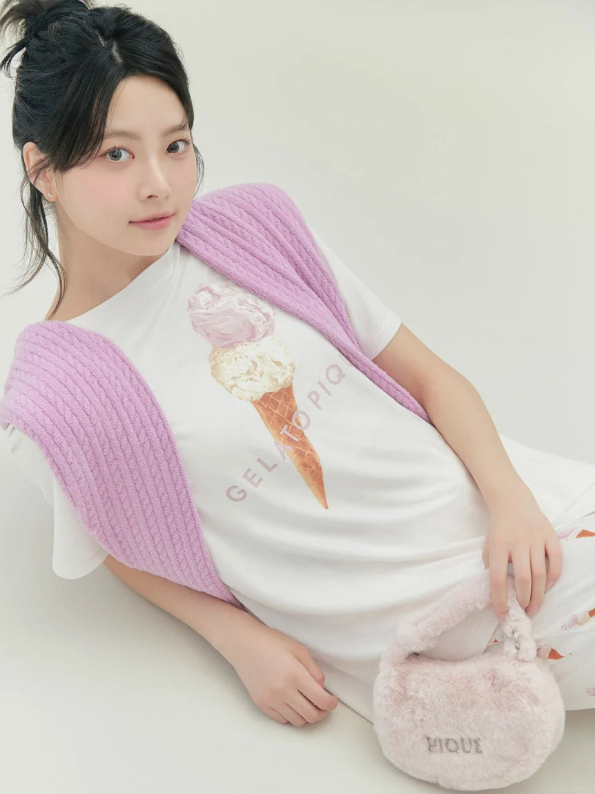 Ice Cream One-point Relaxed Fit T-Shirt Knit Fabric Woven Fabric Fleece Fabric