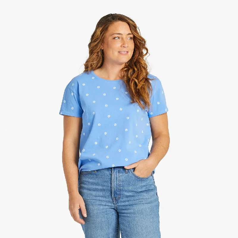 Life is Good. Women's Paw Print Pattern Crusher-LITE Easy Tee, Cornflower Blue Fleece Nylon Spandex