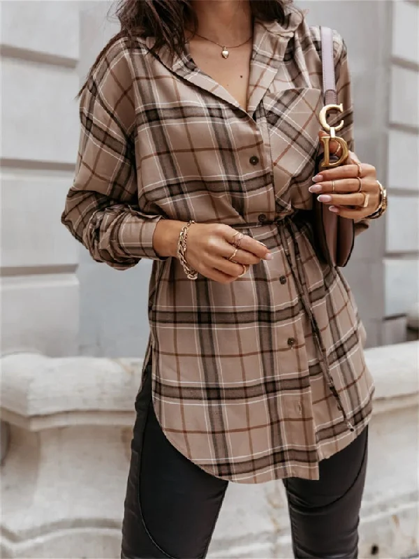 hoombox Long-sleeved Long A-line Fashion Plaid Ladies Shirt Asymmetrical Pockets Print