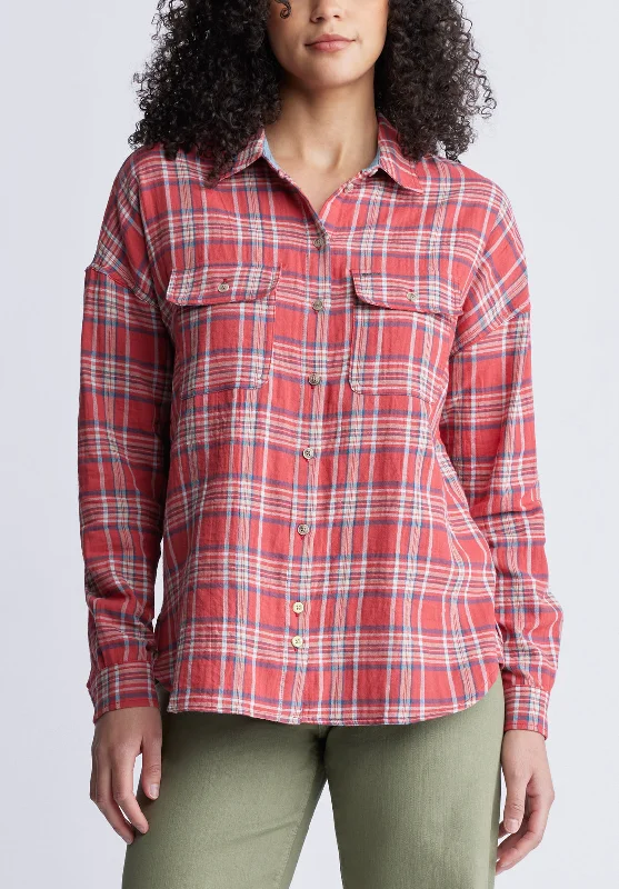 Malena Women’s Long Sleeve Plaid Shirt in Dark Pink - WT0081P Basic T-Shirt Crew Neck Short Sleeve