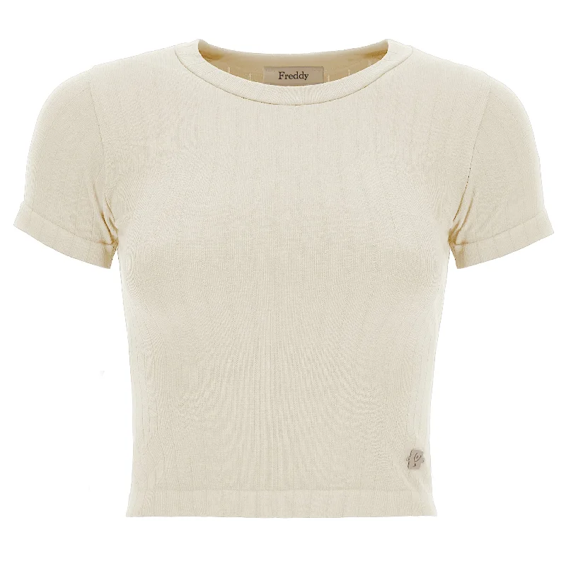 Ribbed T Shirt - Cream Ribbed T-Shirt High Neck Heavyweight