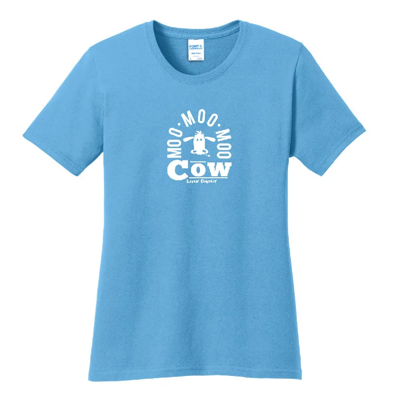 Women's Livin' Country Barnyard Cow T-shirt Asymmetrical Pockets Print