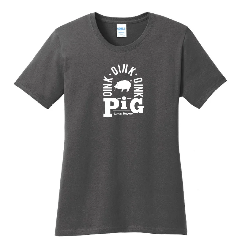 Women's Livin' Country Barnyard Pig T-shirt Asymmetrical Pockets Print