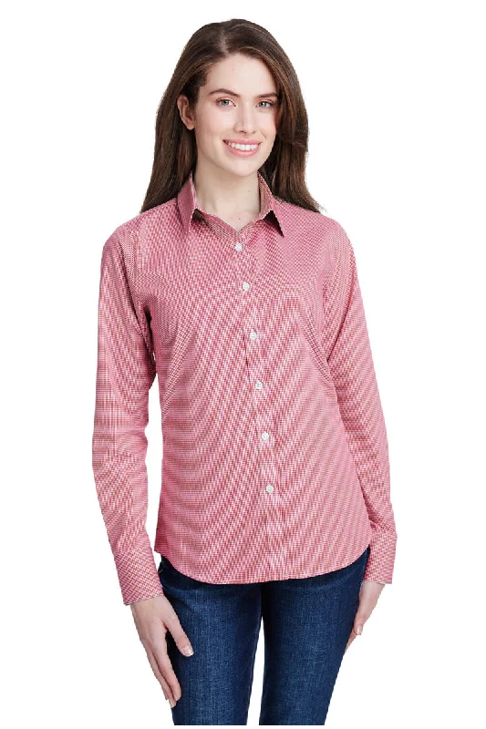 Women's Microcheck Long Sleeve Cotton Shirt (Red / White) Mesh Blend Leather Blend Suede Blend