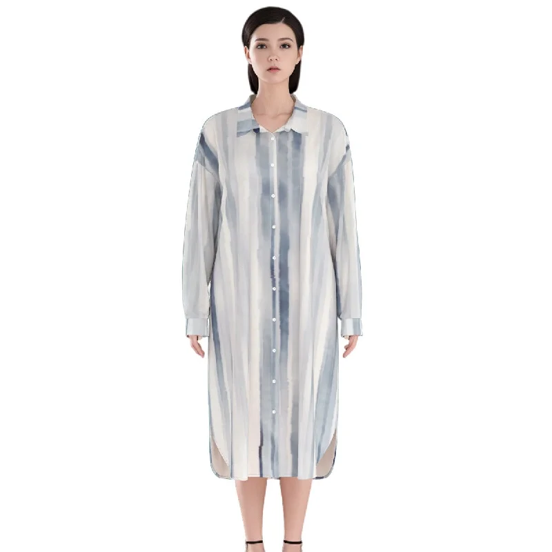 Women's (AOP)  Long Shirt Dress | Rayon Notch Collar Peter Pan Collar Cowl Neck